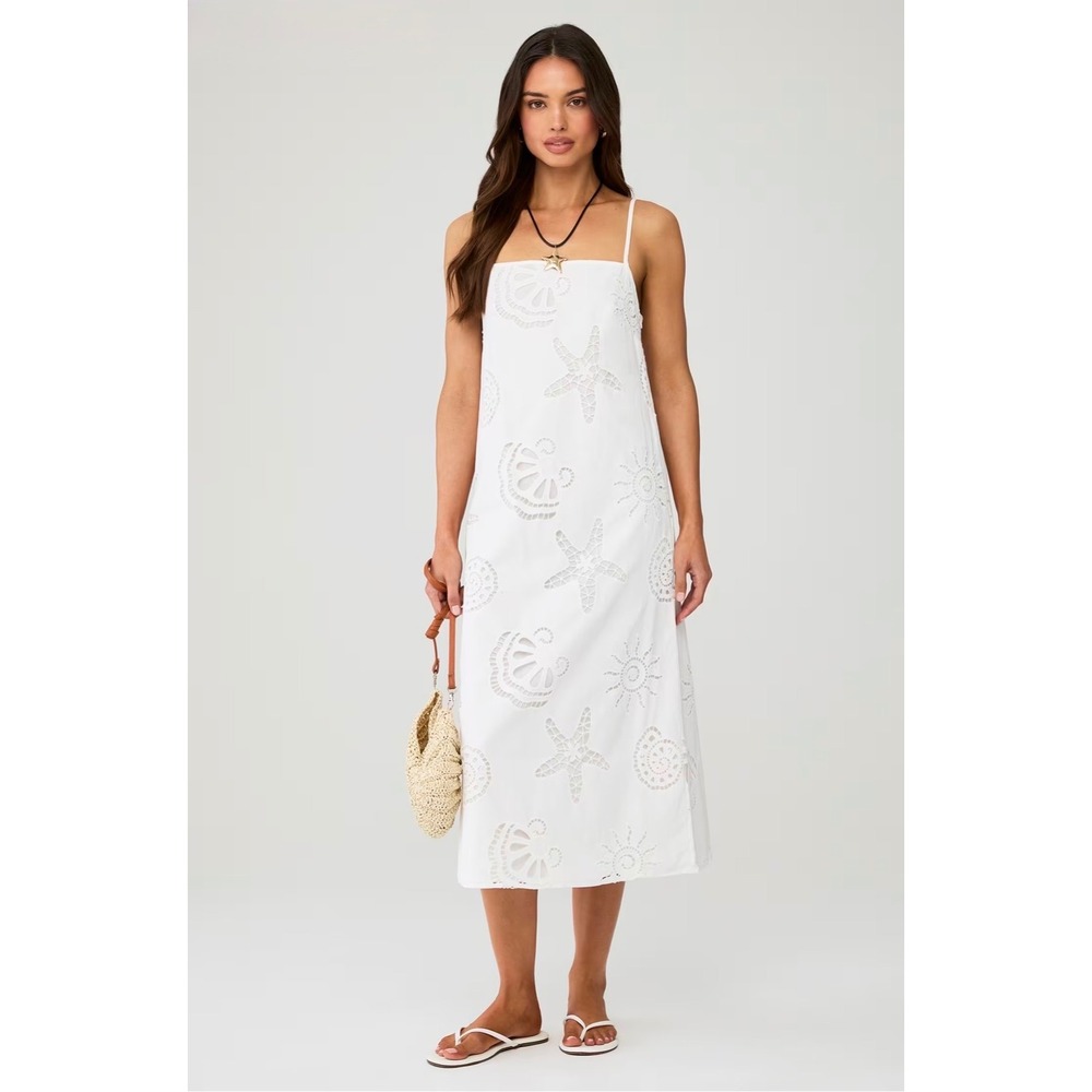 Maude Club Eyelet Midi Dress Women XS White NEW Starfish Shell Coastal Beach